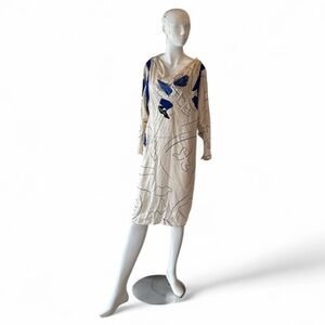 Vintage Flora Kung Cream and Blue Abstract Print Dress Size 6